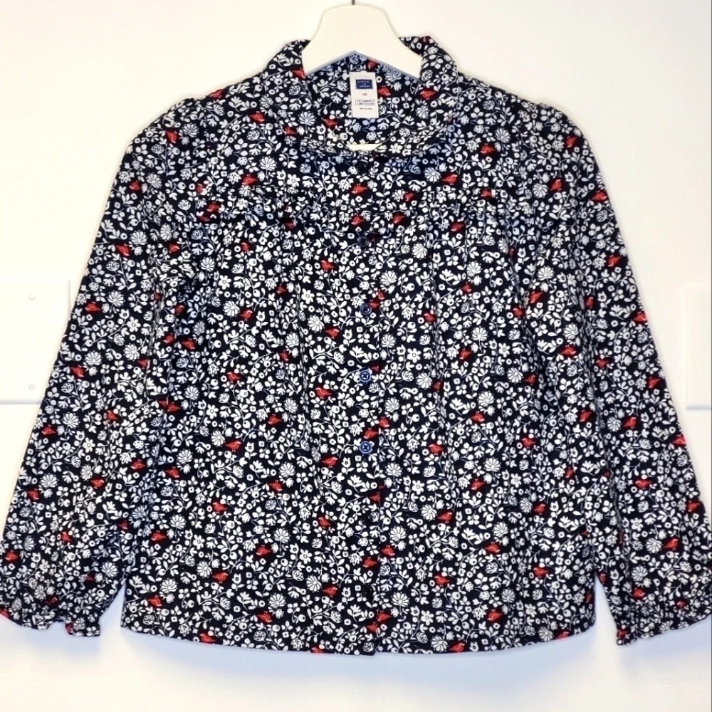 Janie and Jack Red Birds Floral Flannel Navy Blue Winter Pajama Shirt Size 10